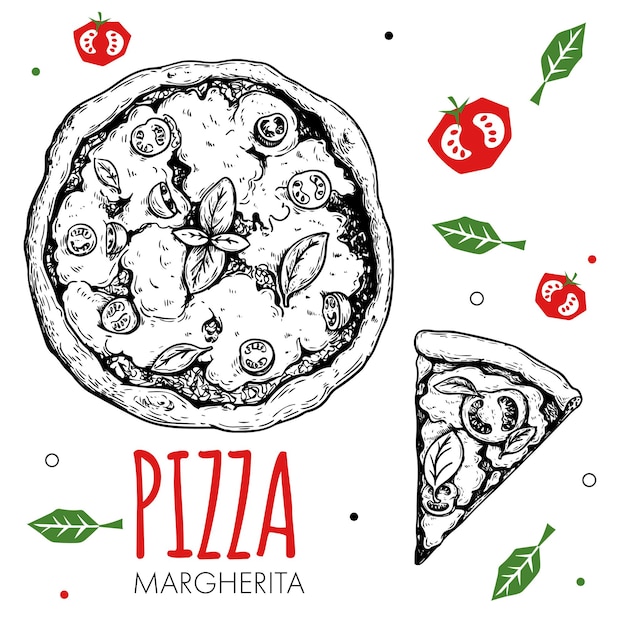 Dibujado a mano plantilla de diseño de pizza Margherita. Comida italiana tradicional de estilo boceto. Doodle verduras planas. Pizza entera y rebanada. Lo mejor para el diseño de menús, carteles y volantes. Ilustración vectorial.