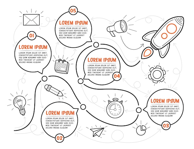 Vector dibujado a mano plantilla de infografía multipropósito con cohete. se pueden utilizar cinco pasos con cuadros de texto para la línea de tiempo sobre fondo blanco. ilustración vectorial.