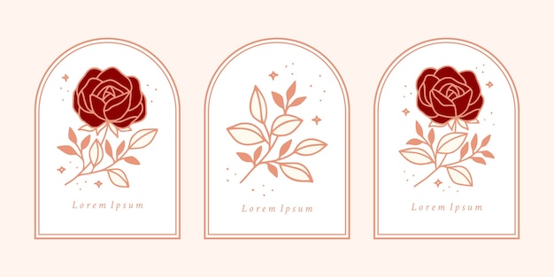 Dibujado a mano plantilla de logotipo de flor rosa botánica rosa vintage y colección de elementos de marca de belleza femenina