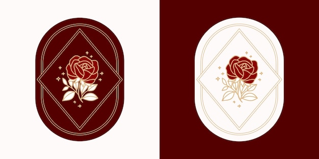 Dibujado a mano plantilla de logotipo de flor rosa botánica vintage y conjunto de elementos de marca de belleza femenina