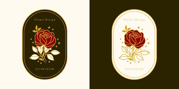 Dibujado a mano plantilla de logotipo de flor rosa botánica vintage y conjunto de elementos de marca de belleza femenina