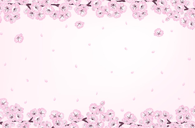 Vector dibujado a mano primavera sakura, flores, ramas de árboles florecientes, pétalos, elementos florales y bokeh con espacio de copia. banner de ilustración de dibujo decorativo sobre fondo rosa claro para tarjeta de diseño, invitación