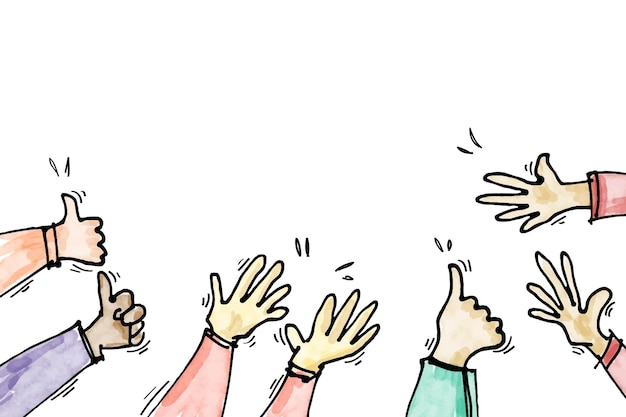 Dibujado a mano de pulgares hacia arriba manos hacia arriba aplauso aplausos gesto garabatos estilo de acuarela aislado en fondo blanco ilustración vectorial