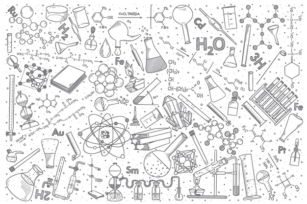 Vector dibujado a mano química vector doodle conjunto.