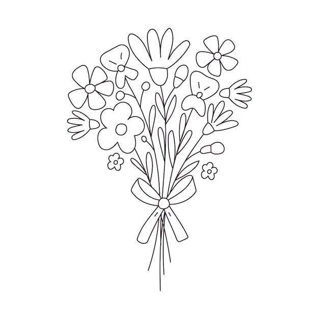 Dibujado a mano Ramo de flores Contorno de dibujos vectoriales en blanco y negro aislados sobre un fondo blanco