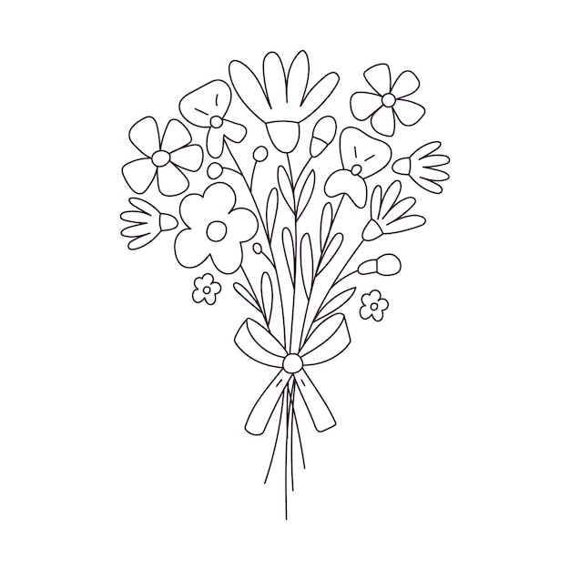 Vector dibujado a mano ramo de flores contorno de dibujos vectoriales en blanco y negro aislados sobre un fondo blanco