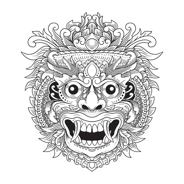 Dibujado a mano rangda bali ilustración arte lineal en blanco y negro