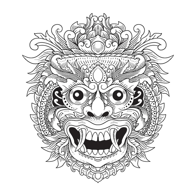 Dibujado a mano rangda bali ilustración arte lineal en blanco y negro