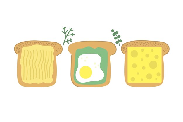 Dibujado a mano rebanada de pan tostado sabroso con mantequilla huevo frito aguacate y queso