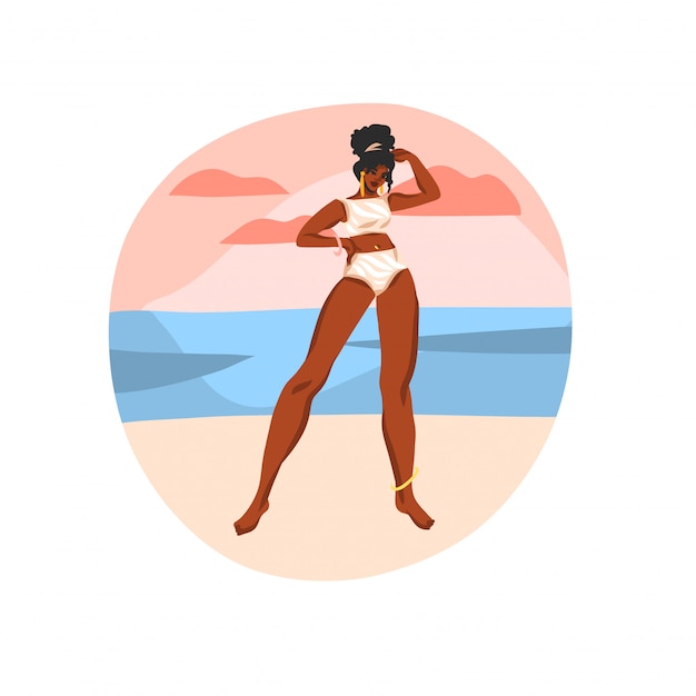 Dibujado a mano resumen ilustración gráfica de stock con feliz joven belleza negra femenina, en traje de baño en la escena de la playa al atardecer sobre fondo blanco