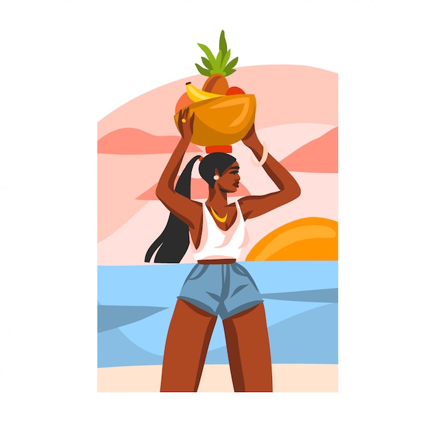 Dibujado a mano resumen ilustración gráfica de stock con joven feliz afro belleza femenina, lleva una cesta de frutas en la cabeza en la escena de la playa café sobre fondo blanco.