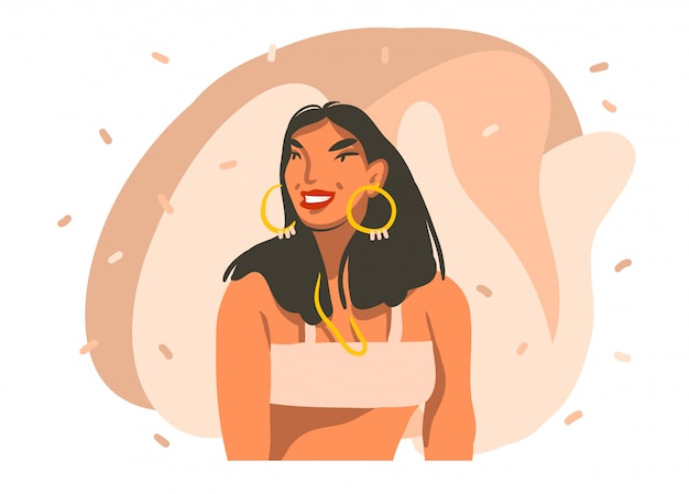 Dibujado a mano resumen ilustración gráfica de stock con joven sonriente mujer hawaiana sobre fondo blanco
