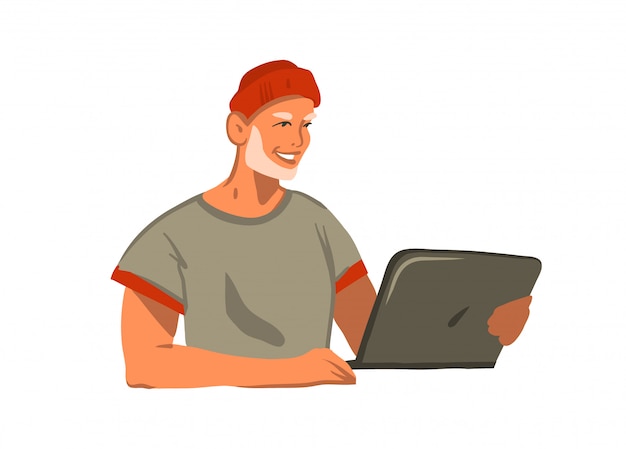 Dibujado a mano resumen ilustración gráfica de stock con joven sonriente traje de moda barba masculina trabajando en la computadora portátil y charlando sobre fondo blanco