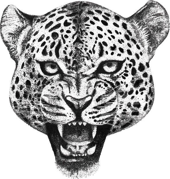 Dibujado a mano retrato de rugiente cabeza de leopardo