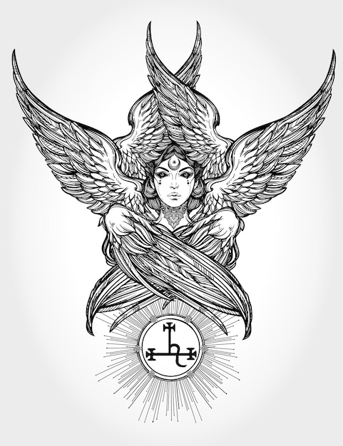 Vector dibujado a mano romántica hermosa obra de arte del ángel caído lilith demonio con 6 alas planeta luna negra en astrología alquimia religión espiritualidad ocultismo tatuaje arte aislado vector ilustración