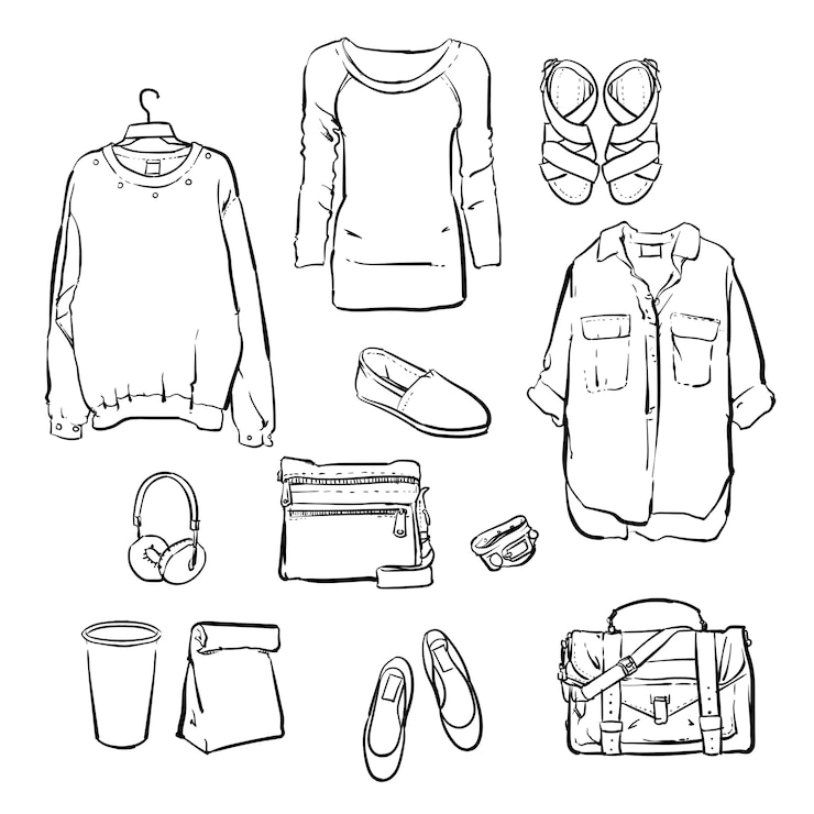 Vector dibujado a mano la ropa de mujer de moda.