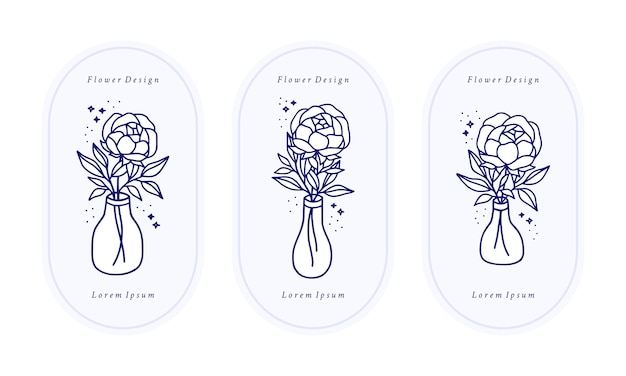 Dibujado a mano rosa botánica azul vintage, plantilla de logotipo de flor de peonía, botella y colección de elementos de marca de belleza femenina