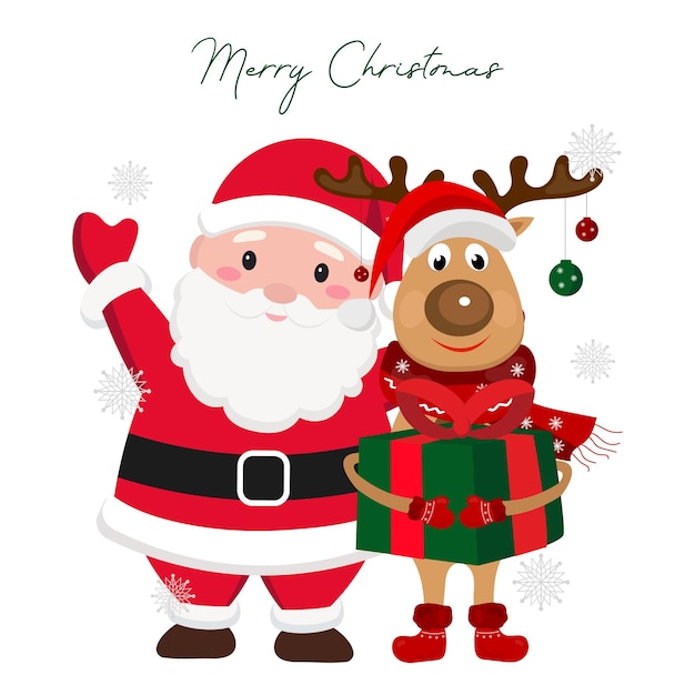 Dibujado a mano Santa Claus lindo y renos sosteniendo regalos agitando y abrazando saludos de Navidad