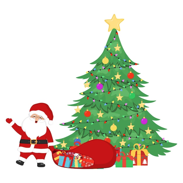 Dibujado a mano santa claus con saco y cajas de regalos. árbol de navidad, estrellas, adornos y guirnaldas. ilustración de dibujo de doodle de vector aislado sobre fondo blanco.