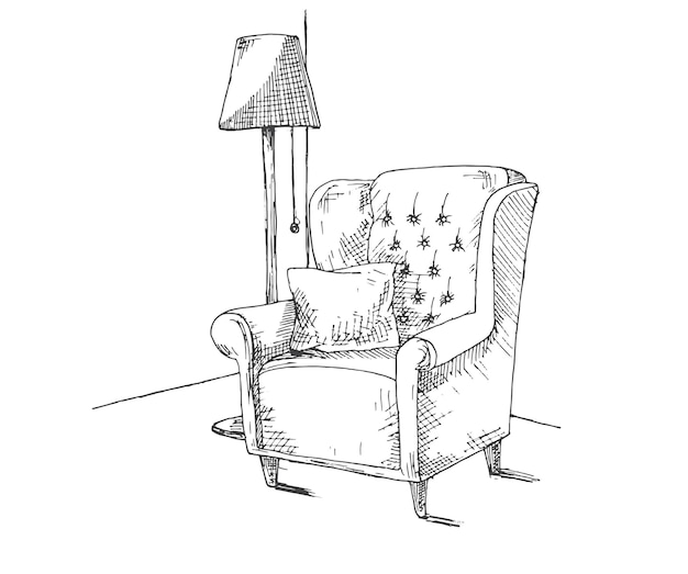 Dibujado a mano una silla suave con una almohada Cerca hay una lámpara de pie Ilustración vectorial en estilo boceto