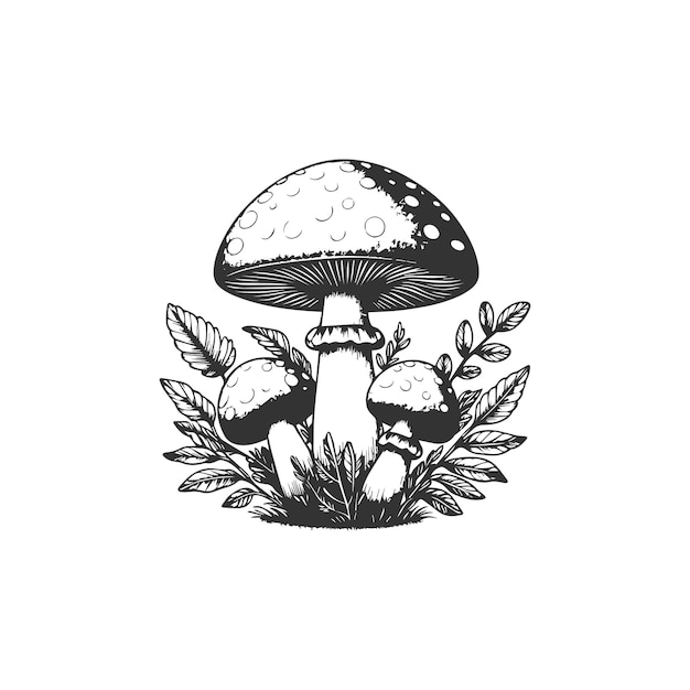 Dibujado a mano silueta de hongo ilustración vectorial en blanco y negro