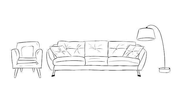 Dibujado a mano del sofá dibujado en línea negra dibujo de sofá silla y lámpara dibujo a mano en vector