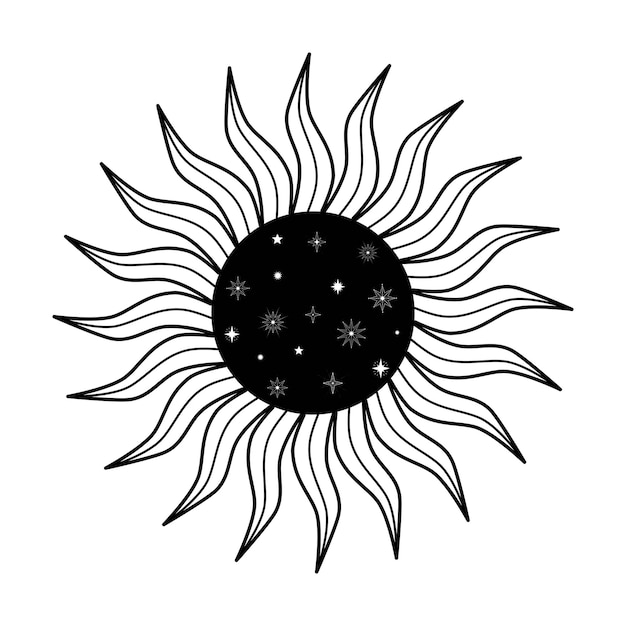 Dibujado a mano sol místico en arte lineal. Símbolo espiritual del espacio celestial. Talismán mágico, estilo antiguo, boho, tatuaje, logo. Ilustración de vector aislado sobre fondo blanco.