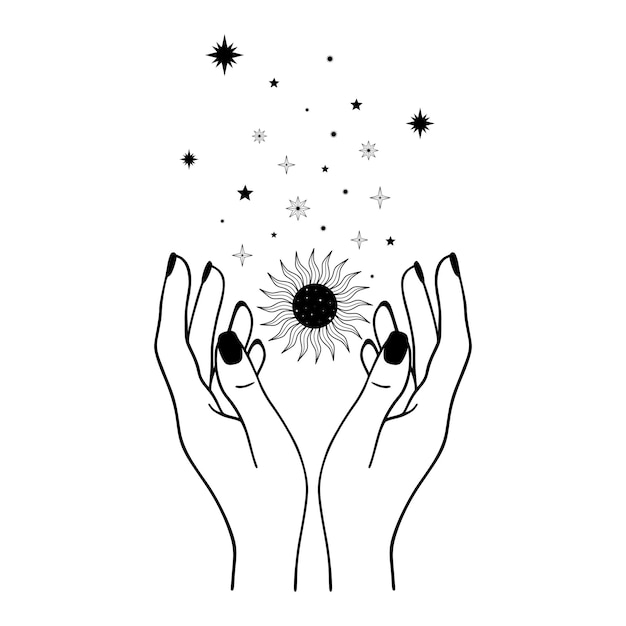Dibujado a mano sol místico con manos de mujer, estrellas en el arte de línea. Símbolo espiritual del espacio celestial. Talismán mágico, estilo antiguo, boho, tatuaje, logo. Ilustración de vector aislado sobre fondo blanco.