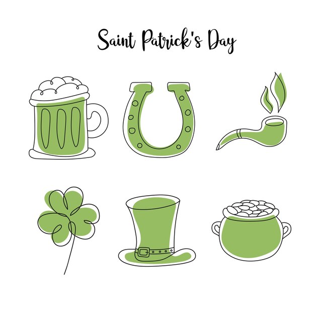 Dibujado a mano sombrero de duende, payaso, jarra de cerveza, boceto de olla de monedas de oro para el día de San Patricio. Decoración del festival irlandés. Vector dibujado a mano conjunto