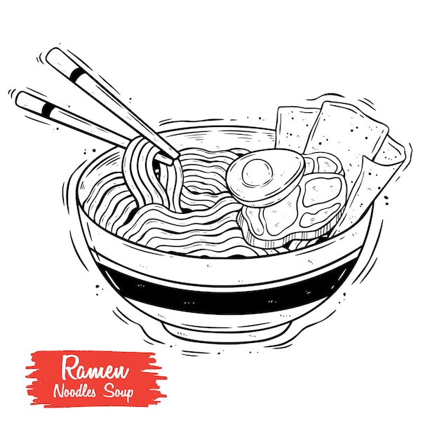 Dibujado a mano sopa de ramen en un tazón con palillos dibujo vectorial de fideos japoneses