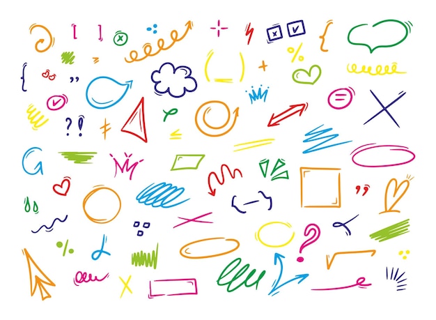 Dibujado a mano subraya el habla burbujas flechas trazos boceto de color énfasis por lápiz lápiz o marcador conjuntos de elementos de diseño vectorial