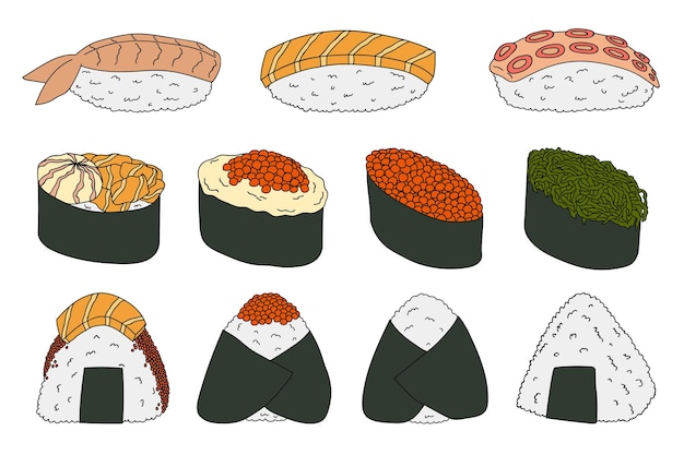 Dibujado a mano sushi y onigiri Platos de cocina tradicional japonesa Conjunto de imágenes prediseñadas de comida asiática