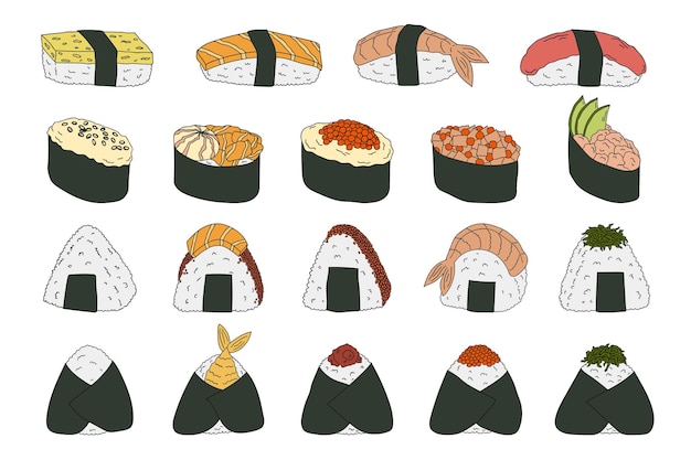 Dibujado a mano sushi y onigiri Platos de cocina tradicional japonesa Conjunto de imágenes prediseñadas de comida asiática