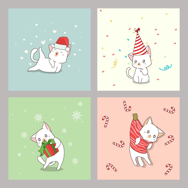 Dibujado a mano tarjetas de gato kawaii en navidad