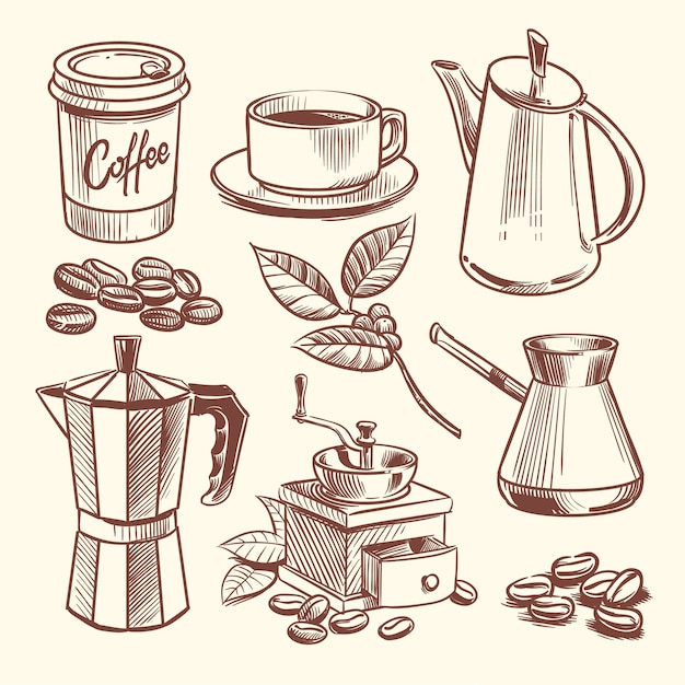 Dibujado a mano taza de café, frijoles, hojas, cafetera y molinillo de café ilustración vectorial