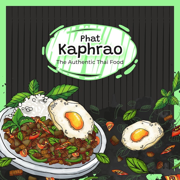 Dibujado A Mano Thai Phat Kaphrao El Fondo De La Comida Tailandesa