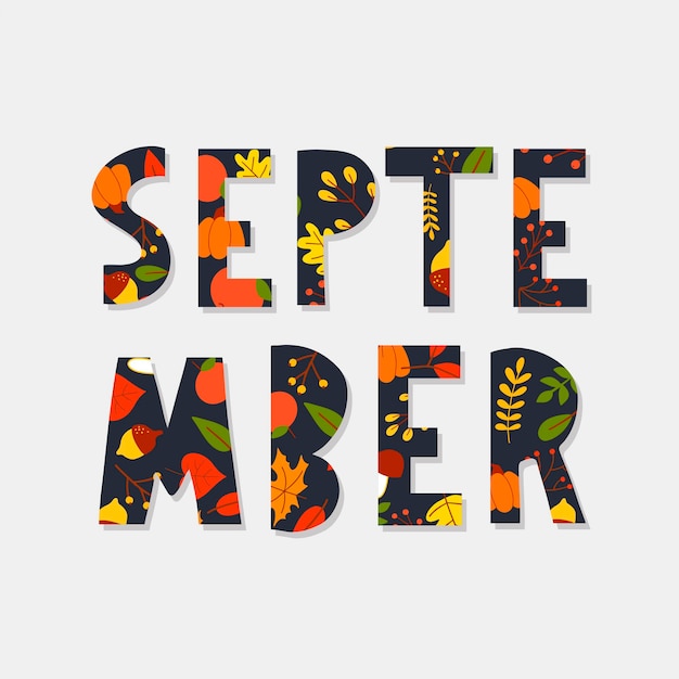 Vector dibujado a mano tipografía letras frase hola septiembre aislado en el fondo blanco con oro ...