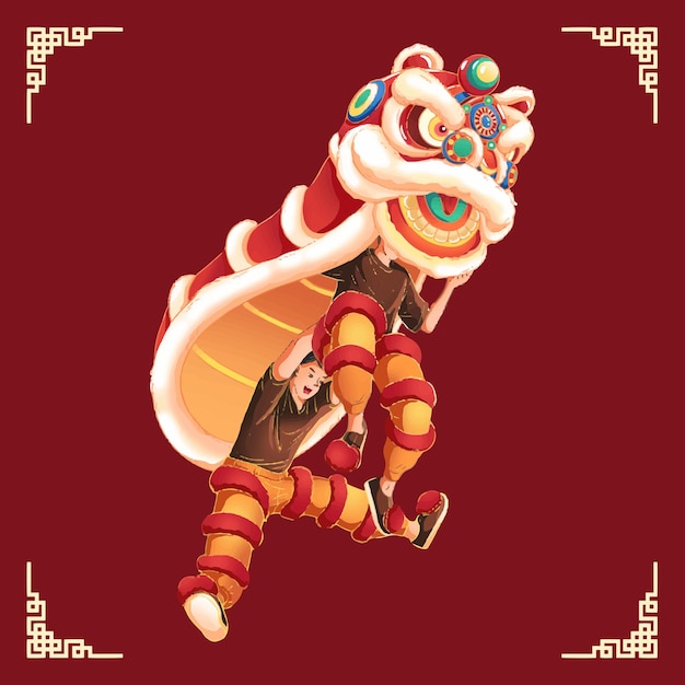 Vector dibujado a mano tradicional dos hombres bailan león estilo chino