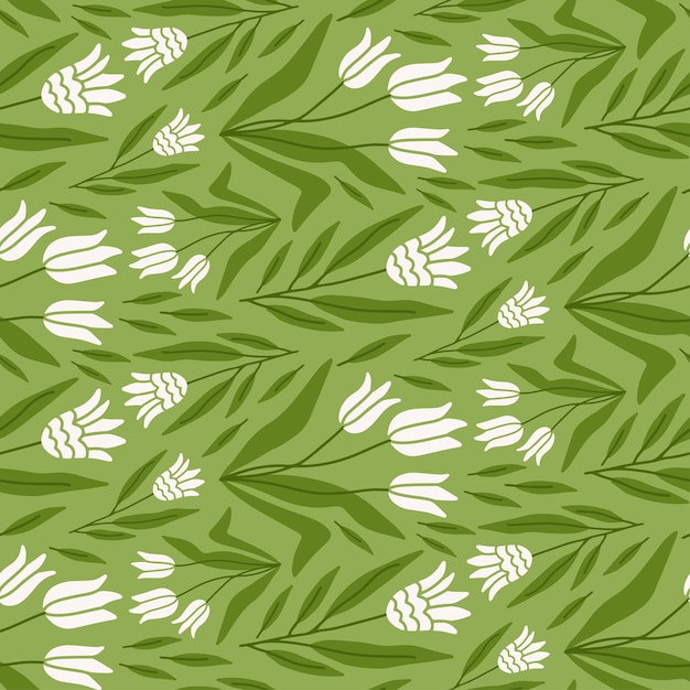 Dibujado a mano tulipán floral de patrones sin fisuras en fondo verde claro estilo boho ilustración