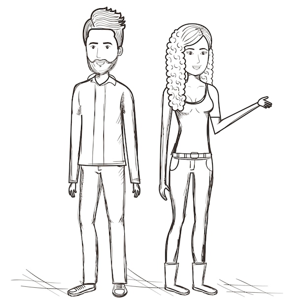 Dibujado a mano uncolored personas de pie sobre fondo blanco. Ilustración vectorial