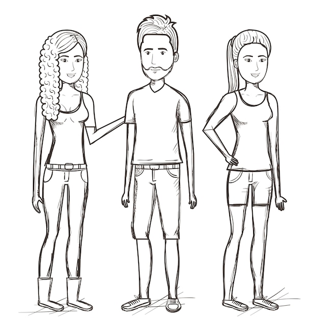 Dibujado a mano uncolored pie hombre y mujeres sobre fondo blanco. Ilustración vectorial