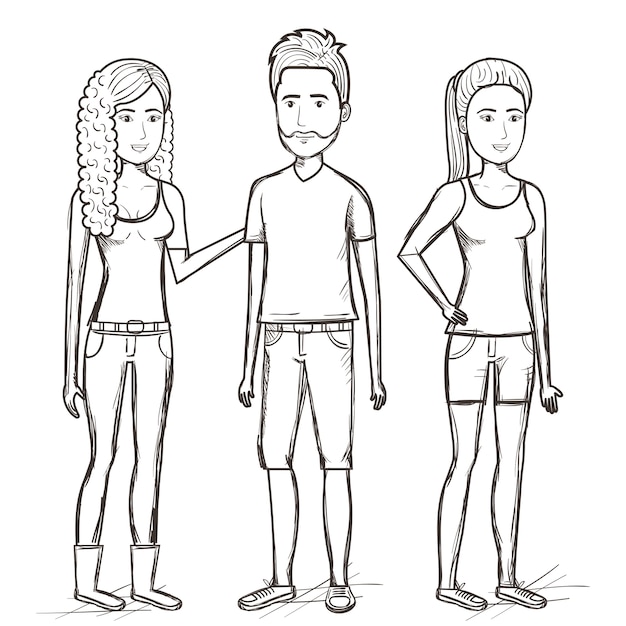 Vector dibujado a mano uncolored pie hombre y mujeres sobre fondo blanco. ilustración vectorial