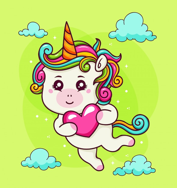 Dibujado a mano unicornio con corazón en el cielo