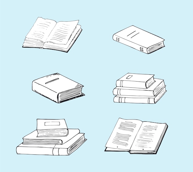 Dibujado a mano Varios libros abiertos libro vintage y pila de libros Colección vectorial de libros aislados