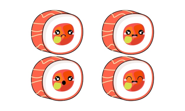 Dibujado a mano varios lindos kawaii sushi rolls sashimi personaje alimentos japoneses ilustración