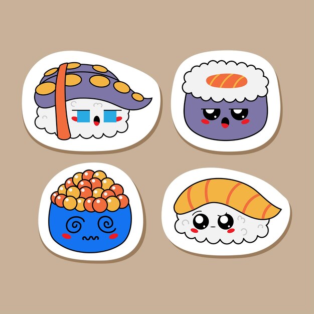 Dibujado a mano varios sushi kawaii Conjunto de vectores de color Comida asiática