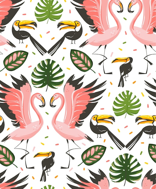 Dibujado a mano vector abstracto dibujos animados gráfico verano playa ilustraciones de patrones sin fisuras con flamingo y tucán birdsmonstera y plátano hojas de palmeras tropicales aisladas sobre fondo blanco