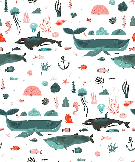 Dibujado a mano vector abstracto dibujos animados gráfico verano submarino océano fondo ilustraciones de patrones sin fisuras con arrecifes de coral belleza grandes ballenas algas aisladas sobre fondo blanco