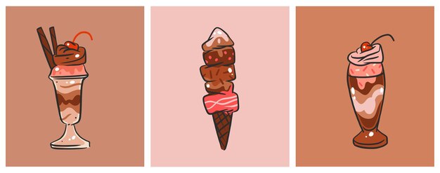 Dibujado a mano vector abstracto dibujos animados hielo creram cono sundae línea arte ilustración conjunto Helado postre vector ilustración diseño concepto Sweed gelatoice postre lindo doodle ilustración aislado