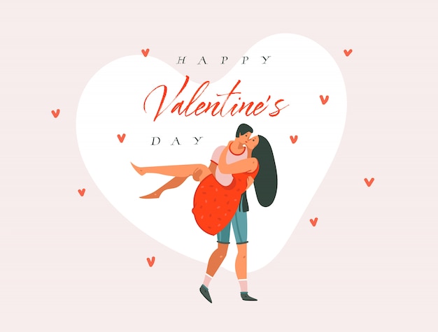 Dibujado a mano vector abstracto dibujos animados moderno gráfico Happy Valentines concept ilustraciones tarjeta de arte con pareja de baile personas juntas y feliz día de San Valentín texto aislado sobre fondo rosa pastel